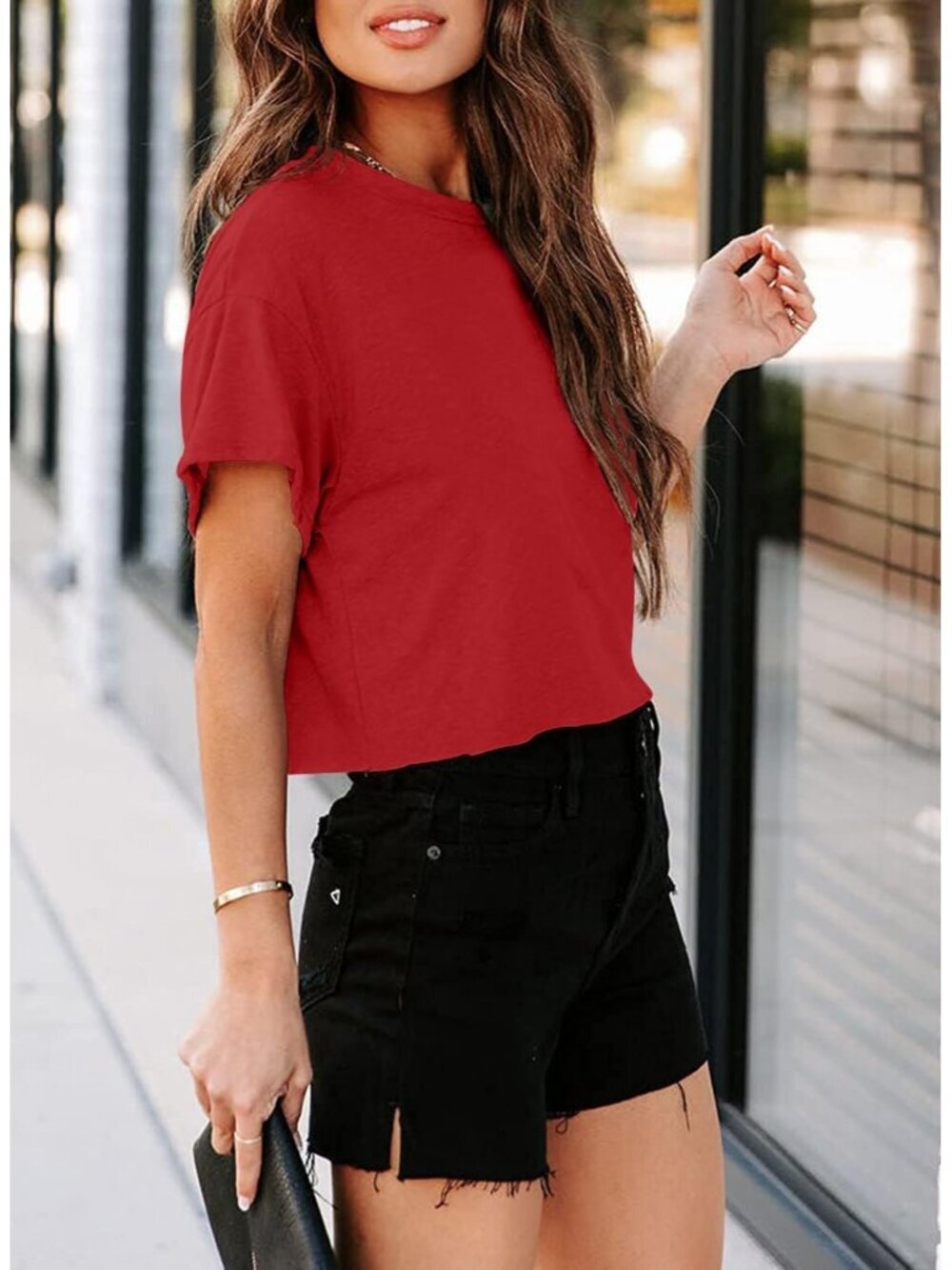 〽️Women's Red Short Sleeve Crew Neck Loose Casual Drop Shoulder Crop Tops